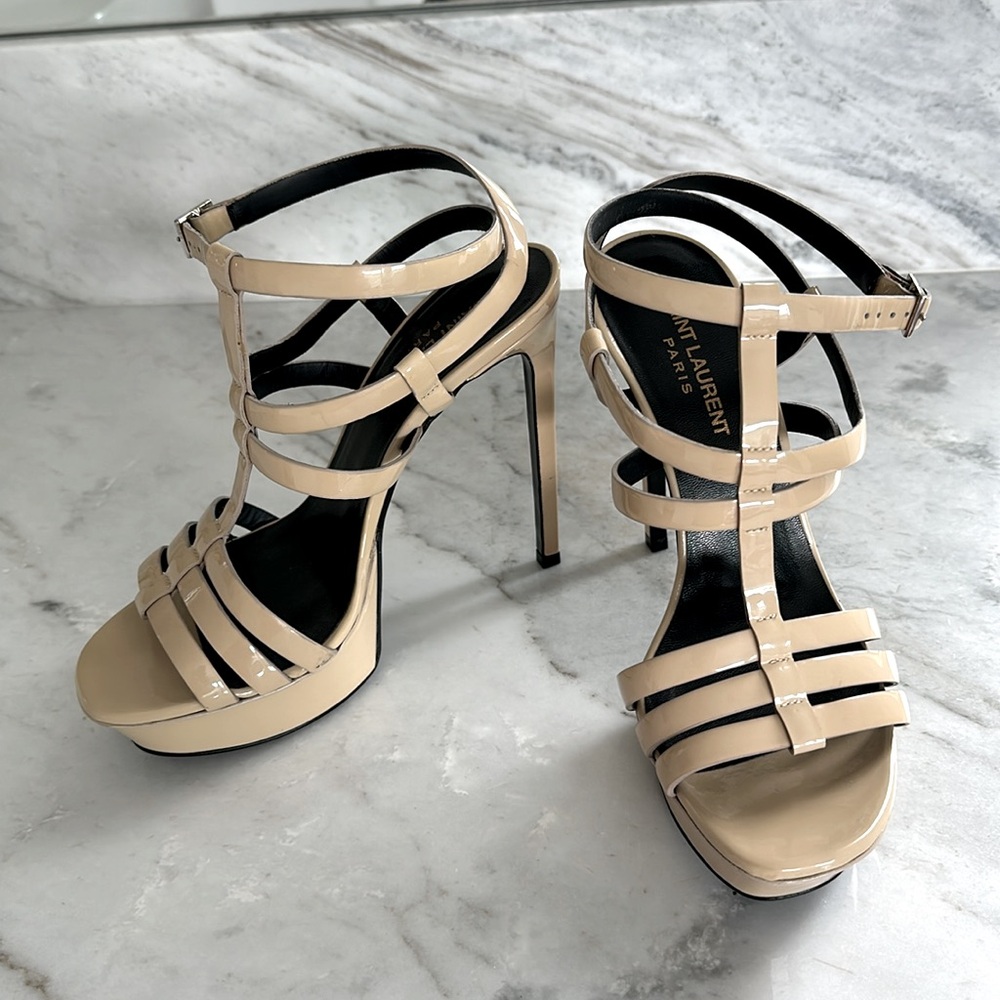 Saint Laurent T-strap Multi Strap  Patent Cream Sandals Size 8 - Picture 3 of 8